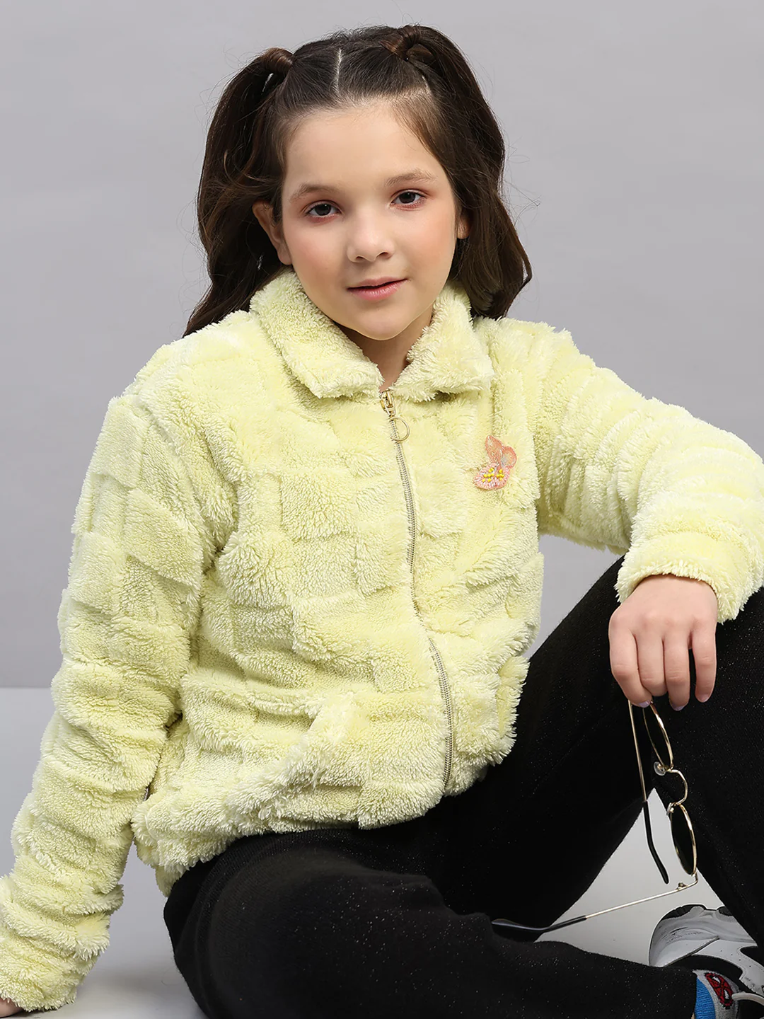 Girls Lime Green Self Design Collar Full Sleeve Sweatshirt - Image 6
