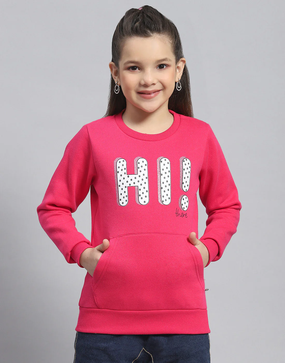 Girls Magenta Printed Round Neck Full Sleeve Sweatshirt - Image 2