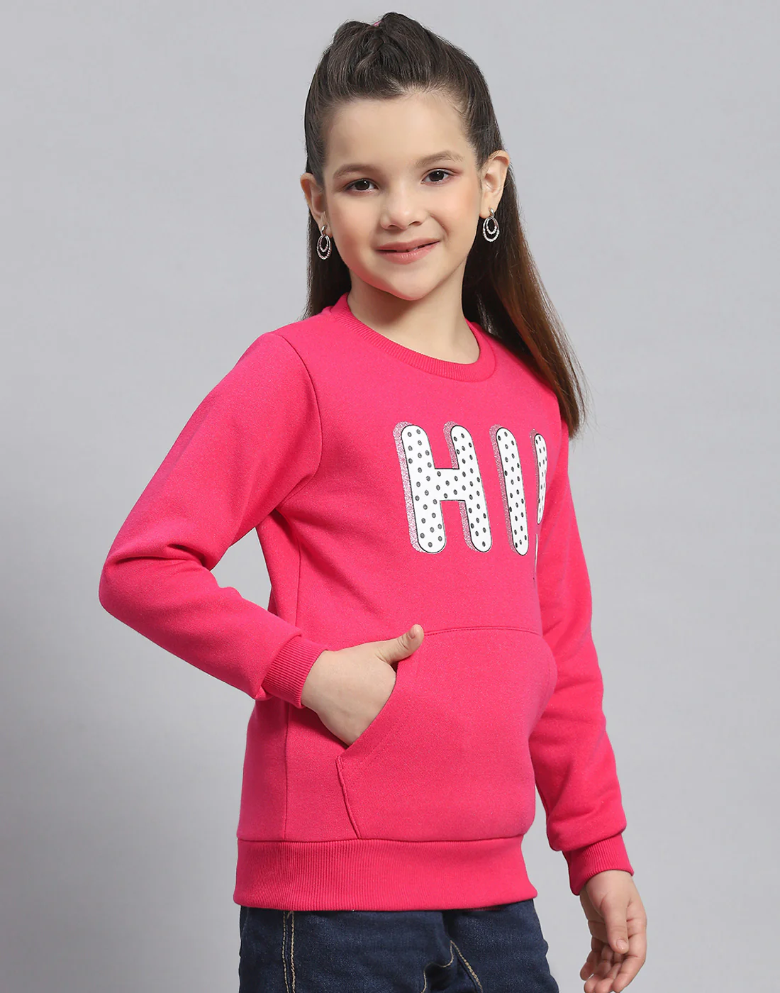 Girls Magenta Printed Round Neck Full Sleeve Sweatshirt - Image 4