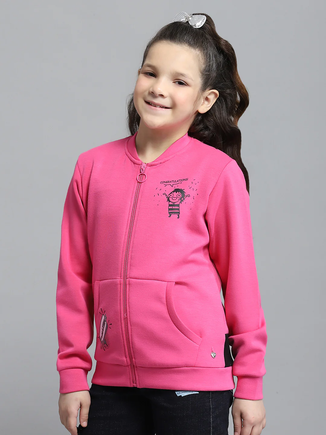 Girls Magenta Printed Round Neck Full Sleeve Sweatshirt - Image 3