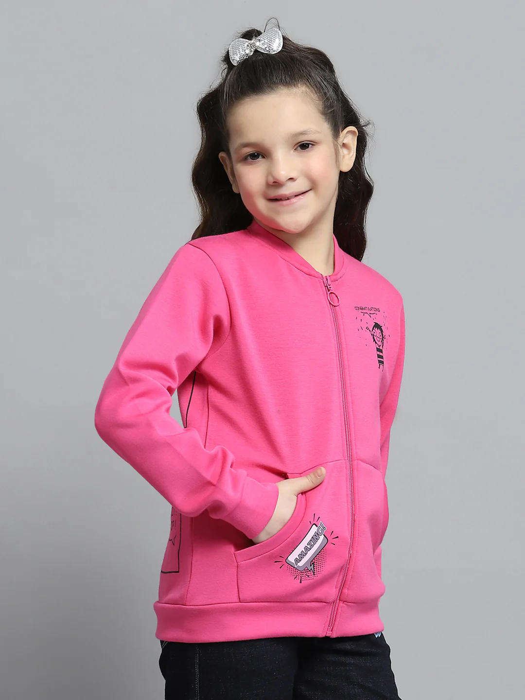 Girls Magenta Printed Round Neck Full Sleeve Sweatshirt - Image 4