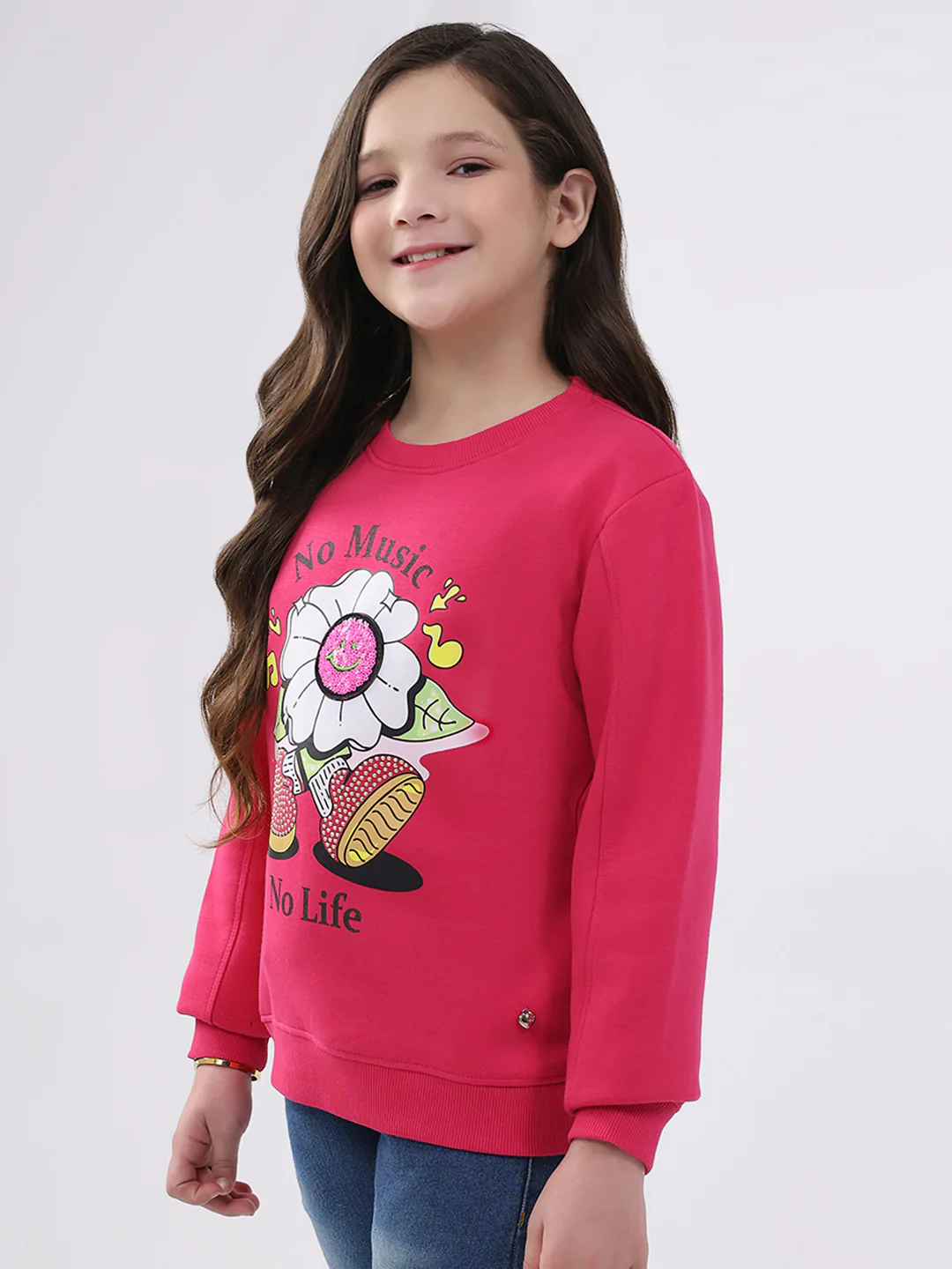 Girls Magenta Printed Round Neck Full Sleeve Sweatshirt - Image 3