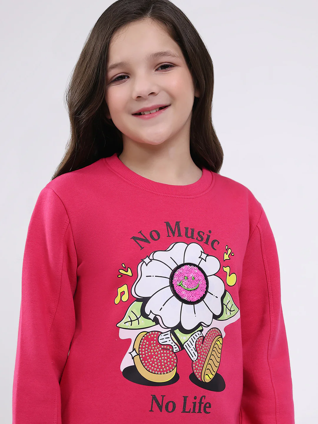 Girls Magenta Printed Round Neck Full Sleeve Sweatshirt - Image 6