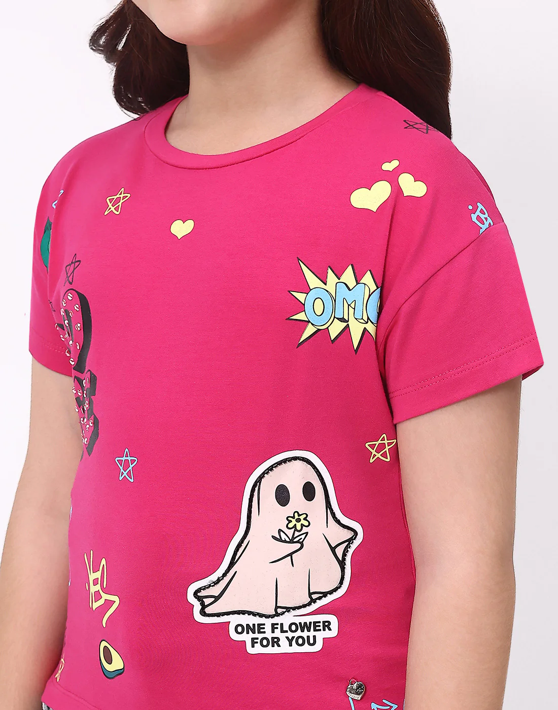 Girls Magenta Printed Round Neck Half Sleeve Top - Image 7