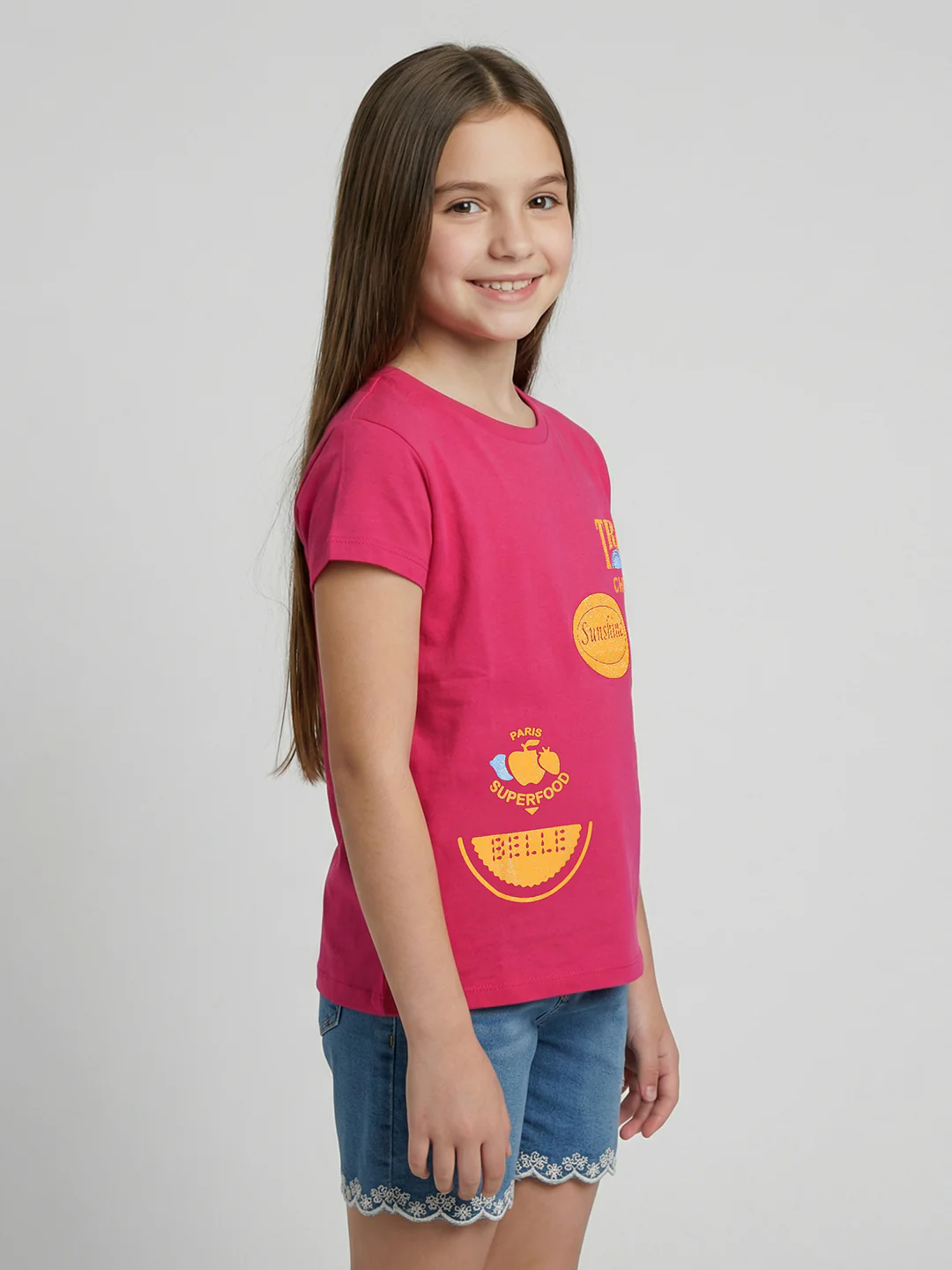 Girls Magenta Printed Round Neck Half Sleeve Top - Image 2