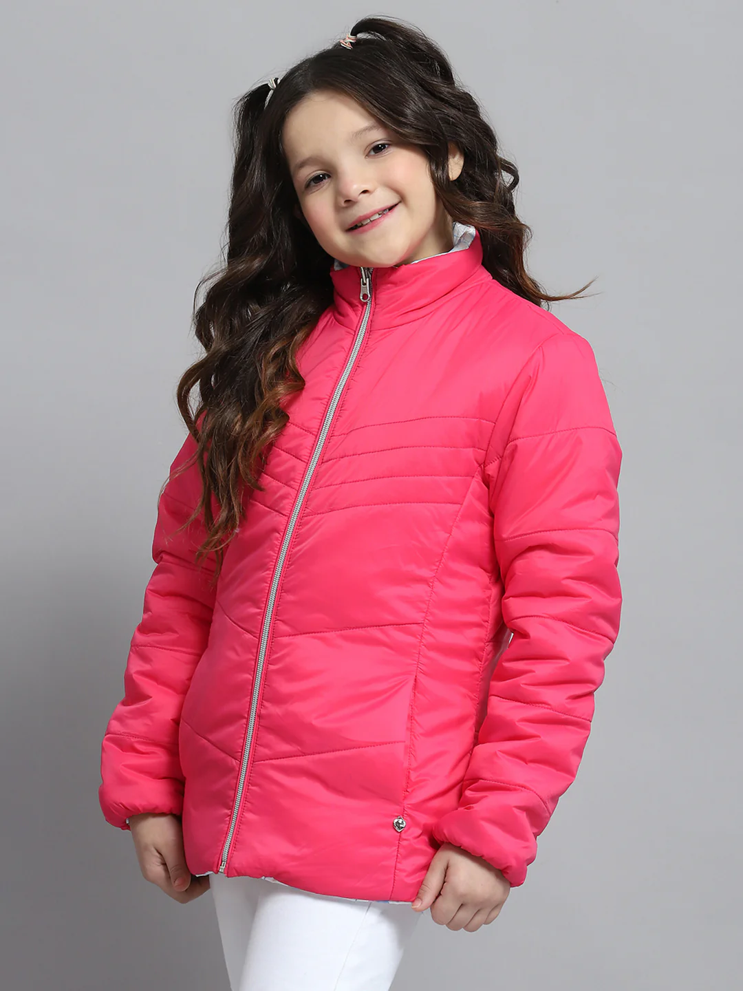 Girls Magenta Self Design Collar Full Sleeve Reversible Jacket - Image 3