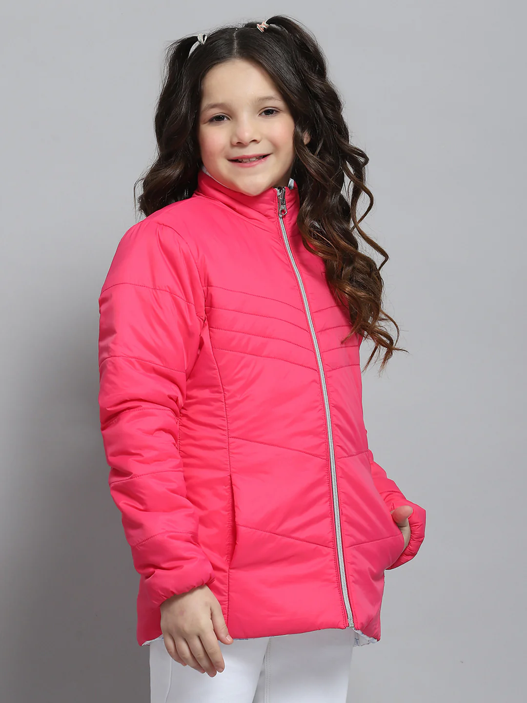 Girls Magenta Self Design Collar Full Sleeve Reversible Jacket - Image 4