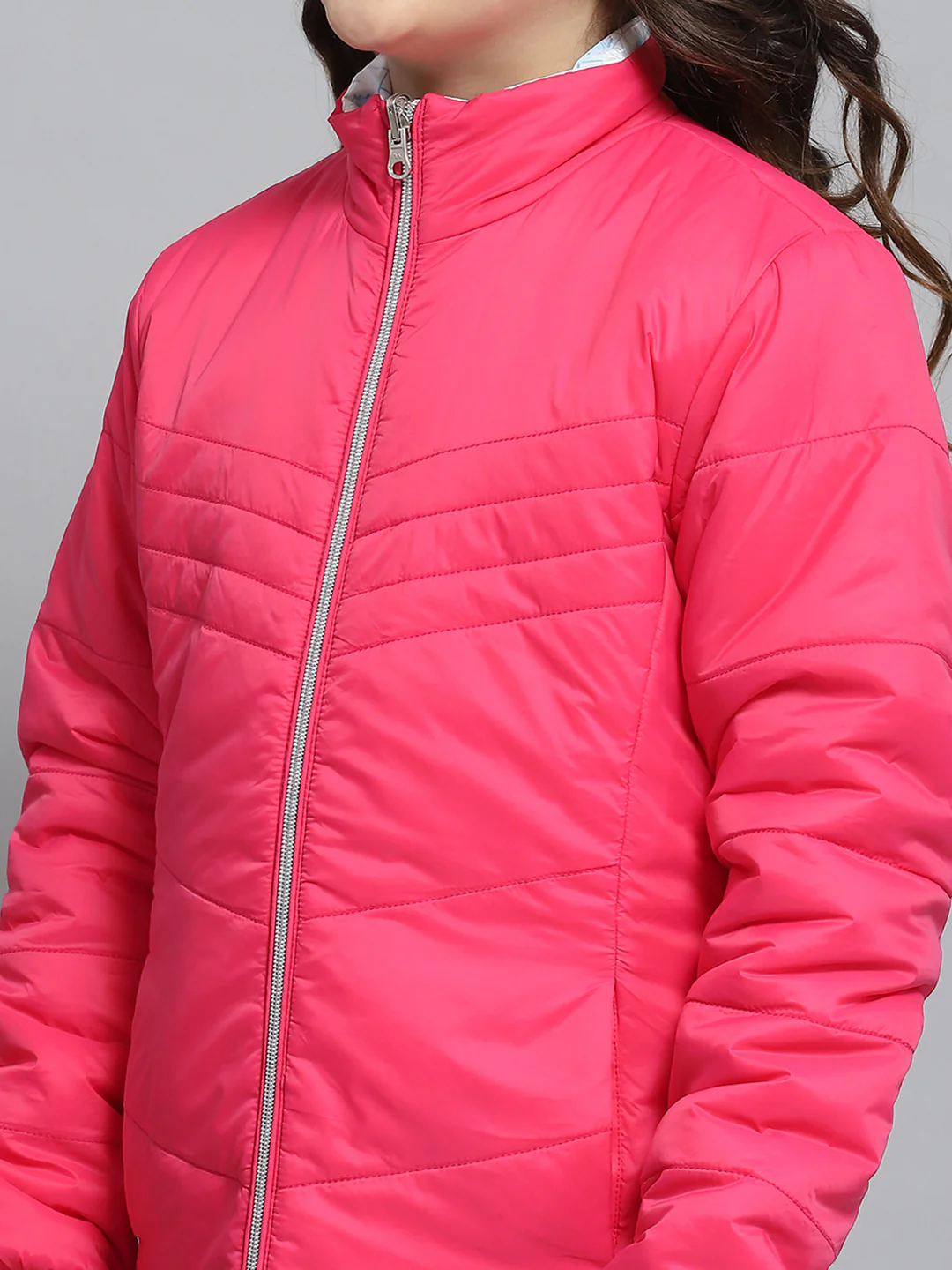 Girls Magenta Self Design Collar Full Sleeve Reversible Jacket - Image 9