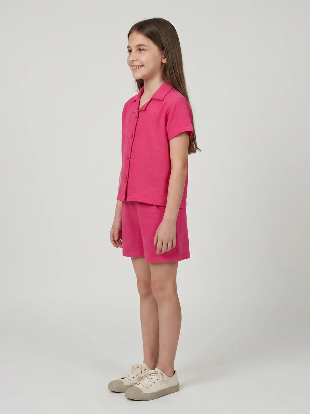 Girls Magenta Solid Round Neck Half Sleeve Cords Set - Image 3