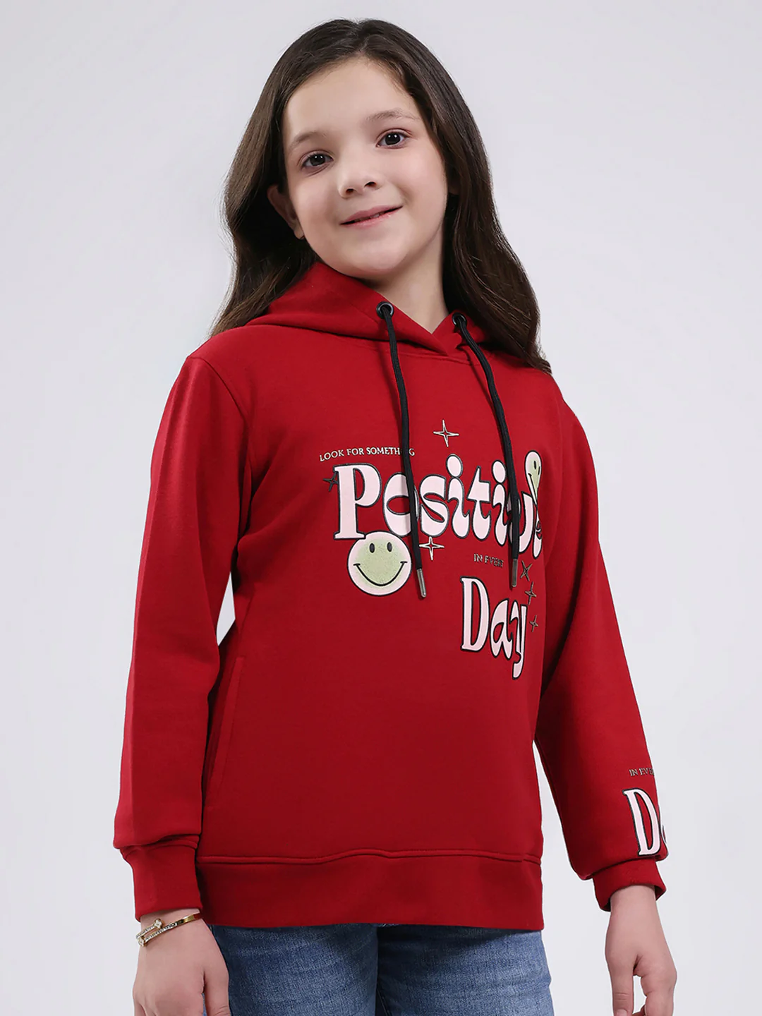 Girls Maroon Printed Hooded Full Sleeve Sweatshirt - Image 4