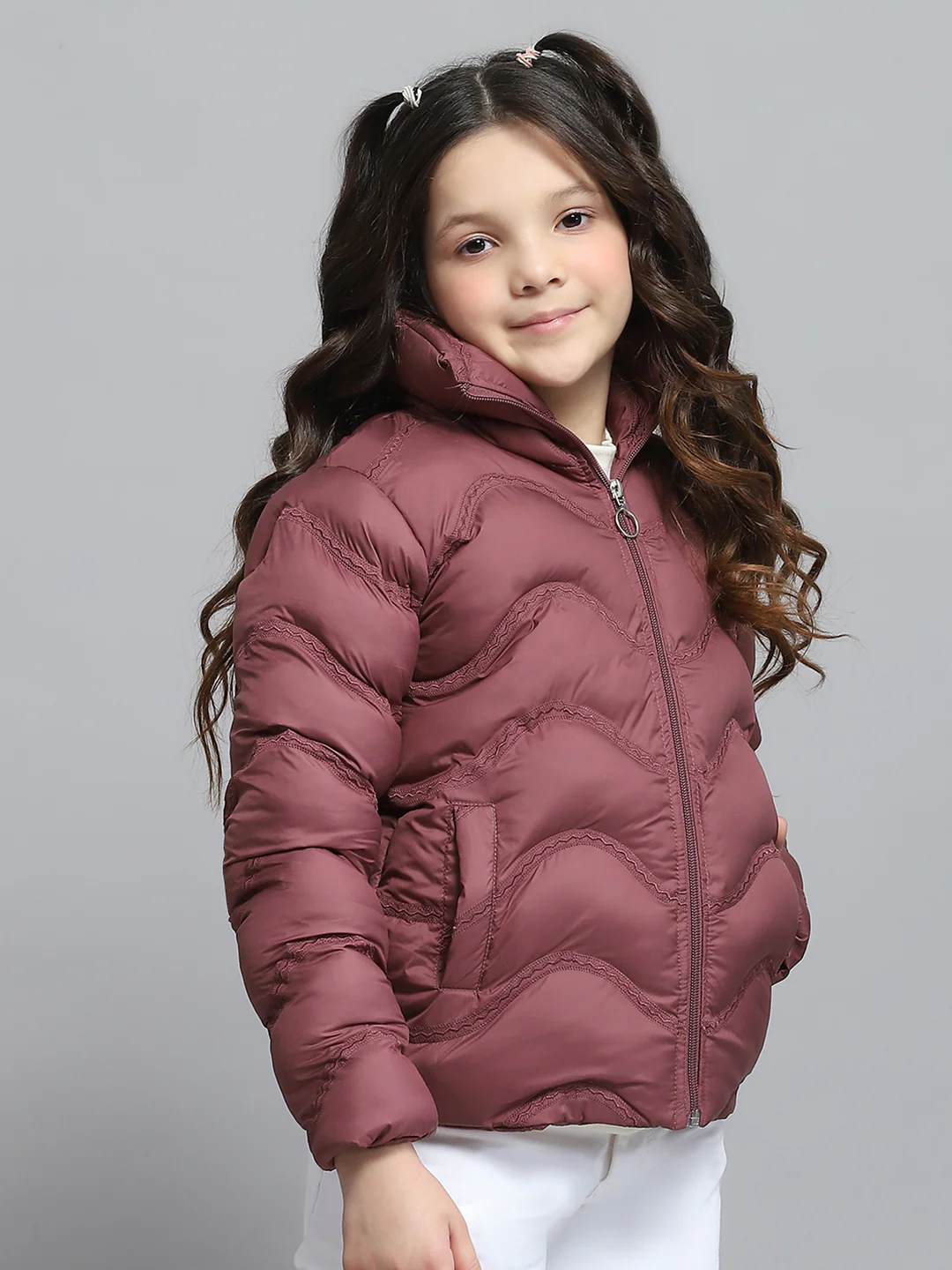 Girls Maroon Self Design Collar Full Sleeve Jacket - Image 4