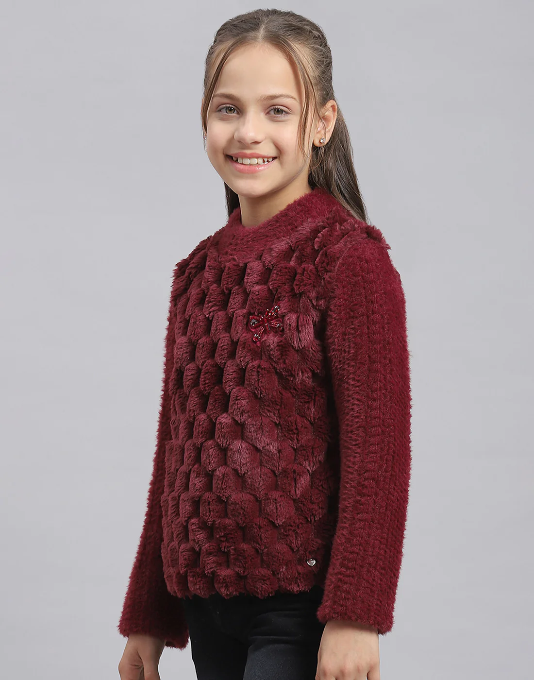 Girls Maroon Self Design Round Neck Full Sleeve Sweatshirt - Image 3
