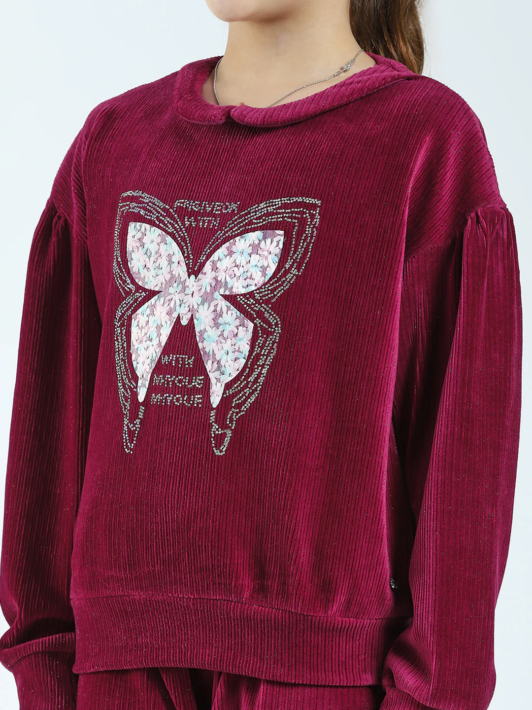 Girls Maroon Self Design Round Neck Full Sleeve Cords Set - Image 7