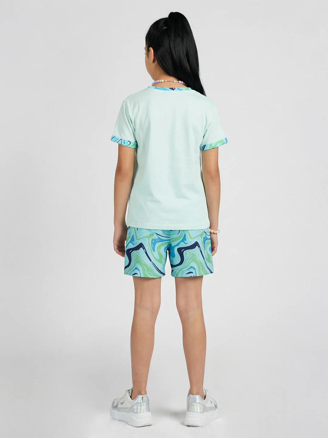 Girls Mint Green Printed Round Neck Half Sleeve Shorts Set - Image 4