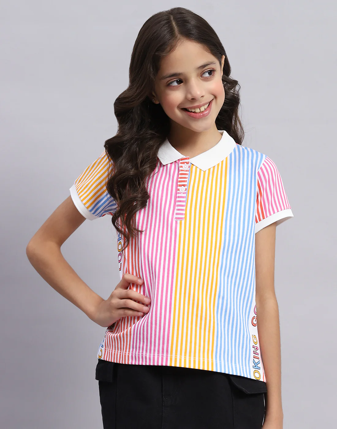 Girls Multi Color Printed Polo Collar Half Sleeve T-Shirt - Image 2
