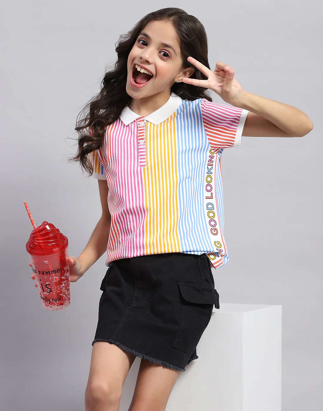 Girls Multi Color Printed Polo Collar Half Sleeve T-Shirt - Image 6