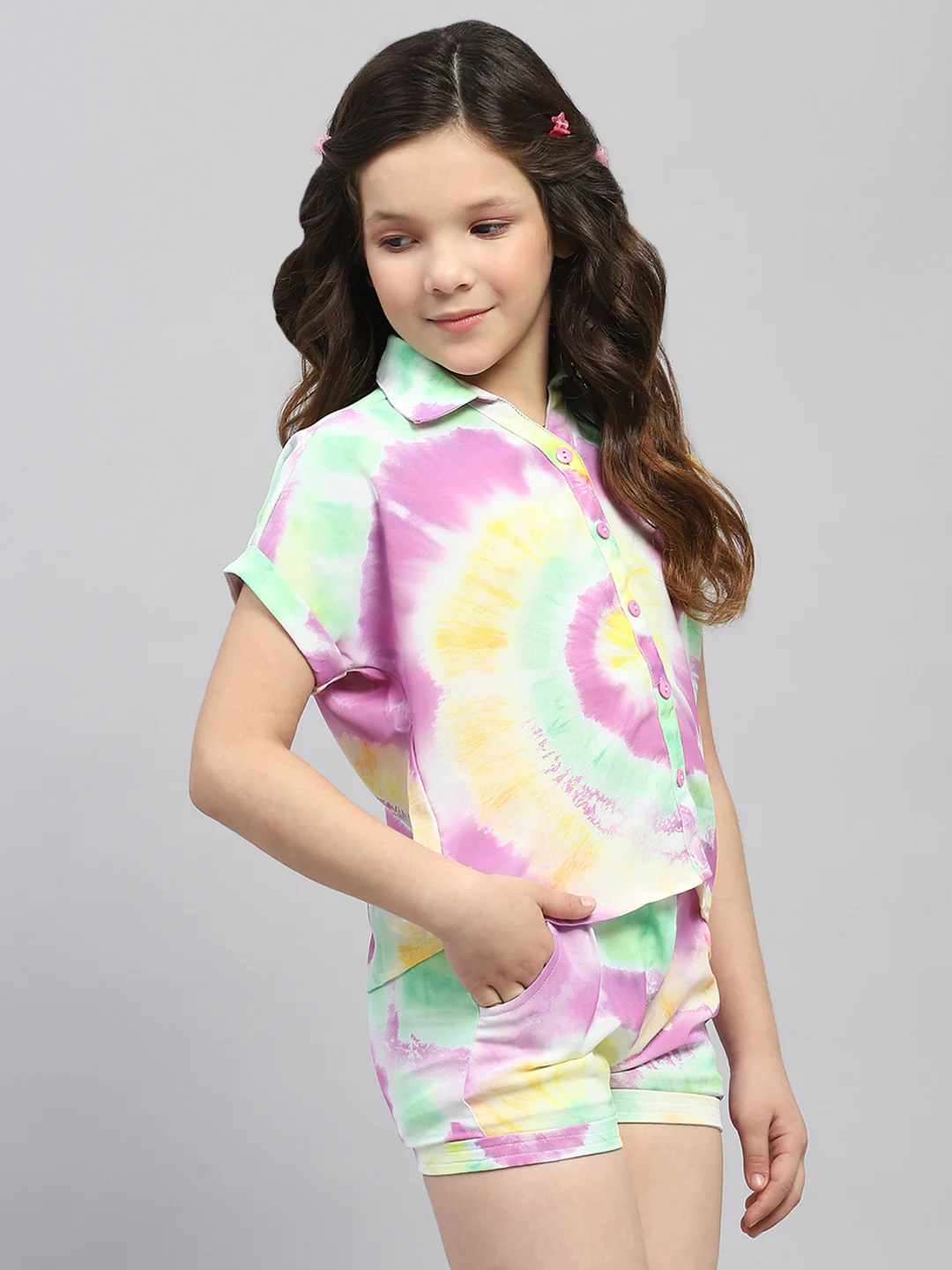 Girls Multicolor Printed Collar Half Sleeve Cords Set - Image 4