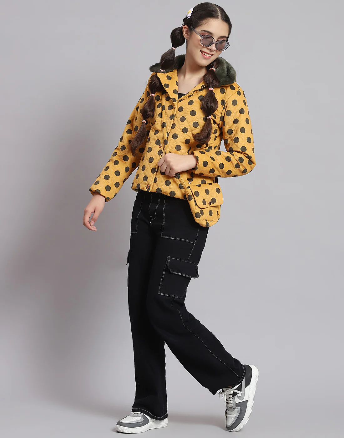 Girls Mustard Polka Dots Lapel Collar Full Sleeve Girls Jacket - Image 2