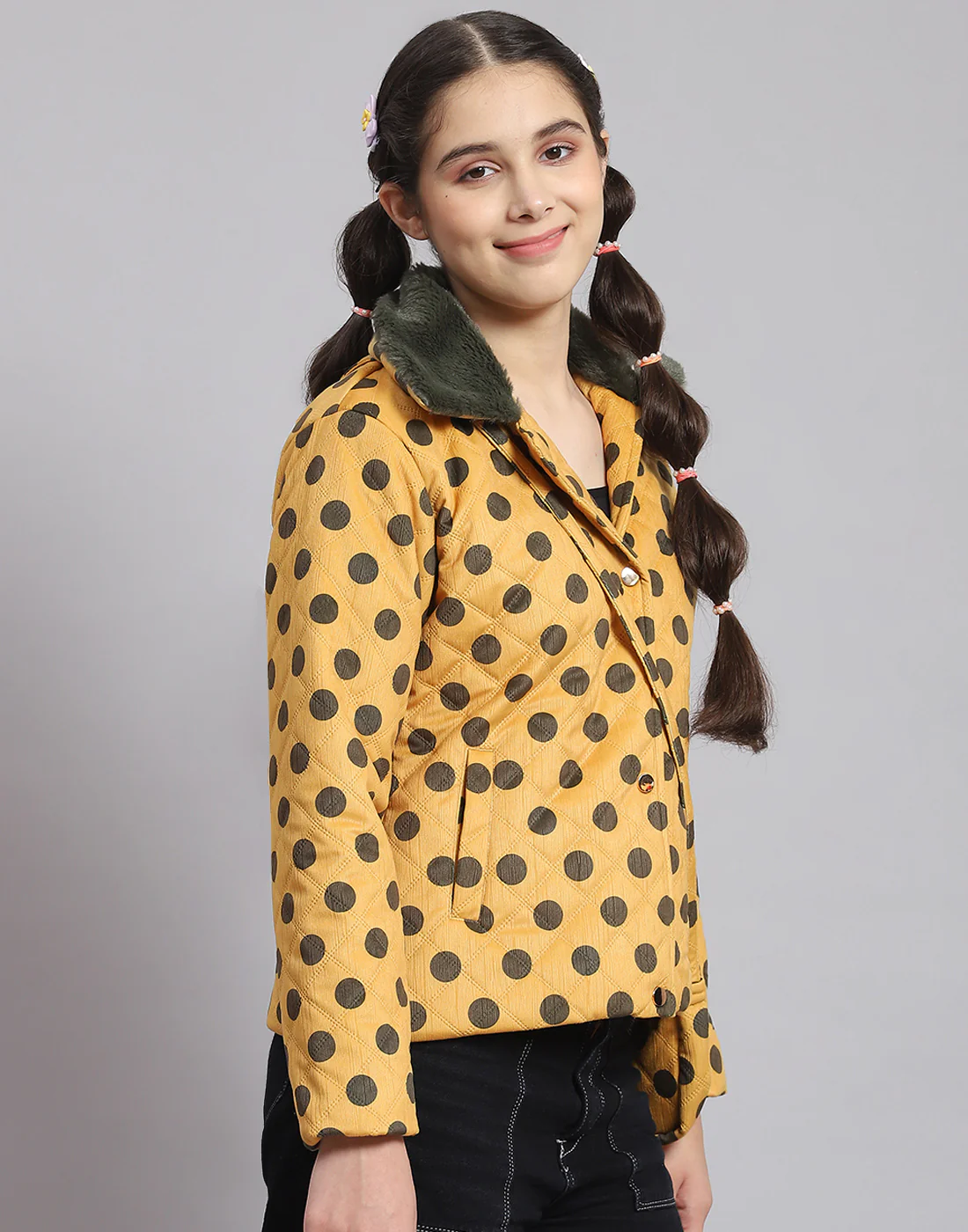 Girls Mustard Polka Dots Lapel Collar Full Sleeve Girls Jacket - Image 4