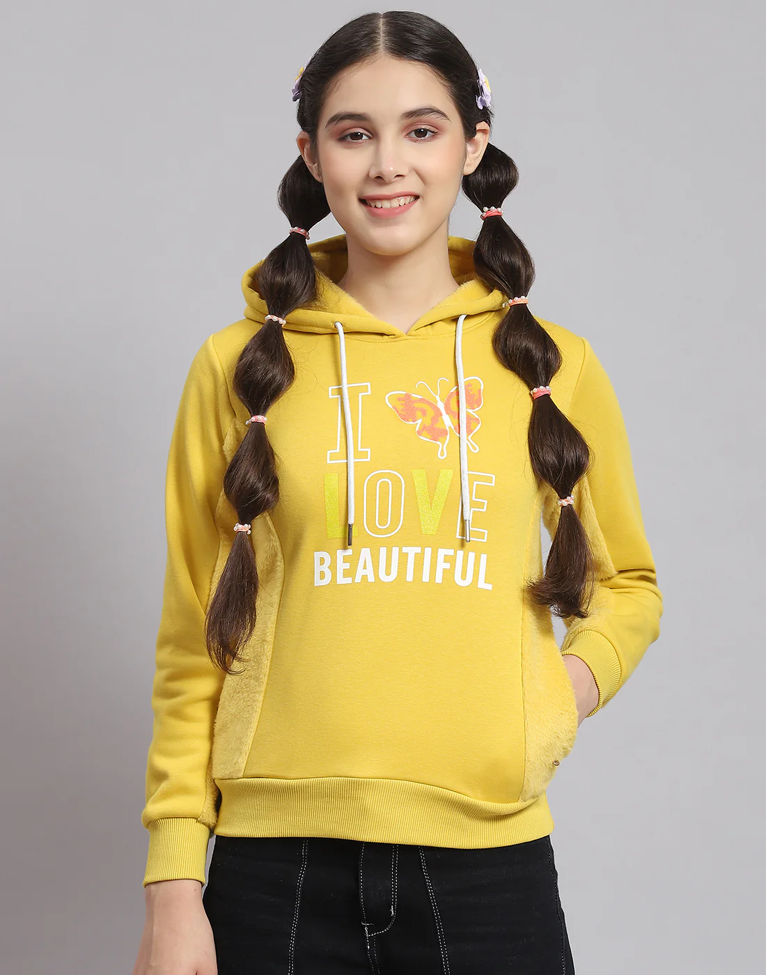 Girls Mustard Printed Hooded Full Sleeve Sweatshirt - Image 3