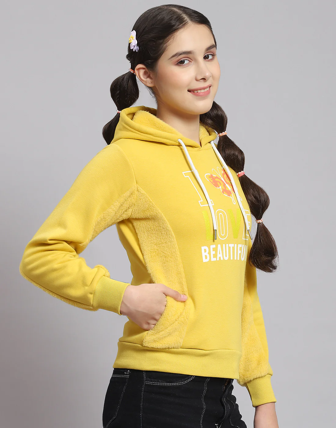 Girls Mustard Printed Hooded Full Sleeve Sweatshirt - Image 5