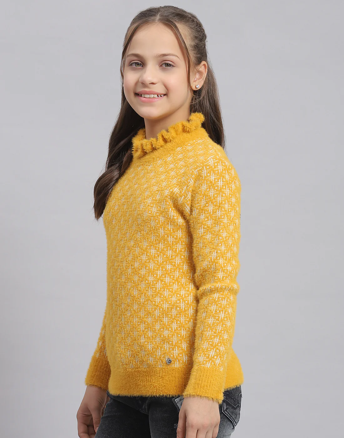Girls Mustard Self Design F Neck Full Sleeve Sweater - Image 3