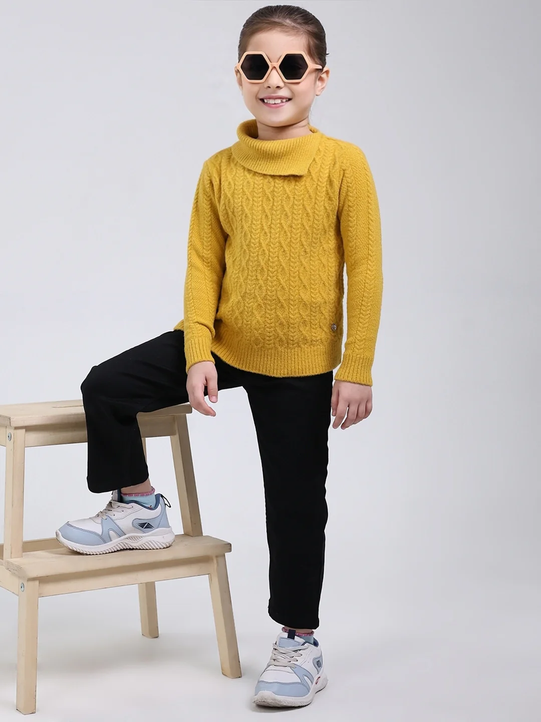 Girls Mustard Self Design Round Neck Full Sleeve Pullover - Image 2