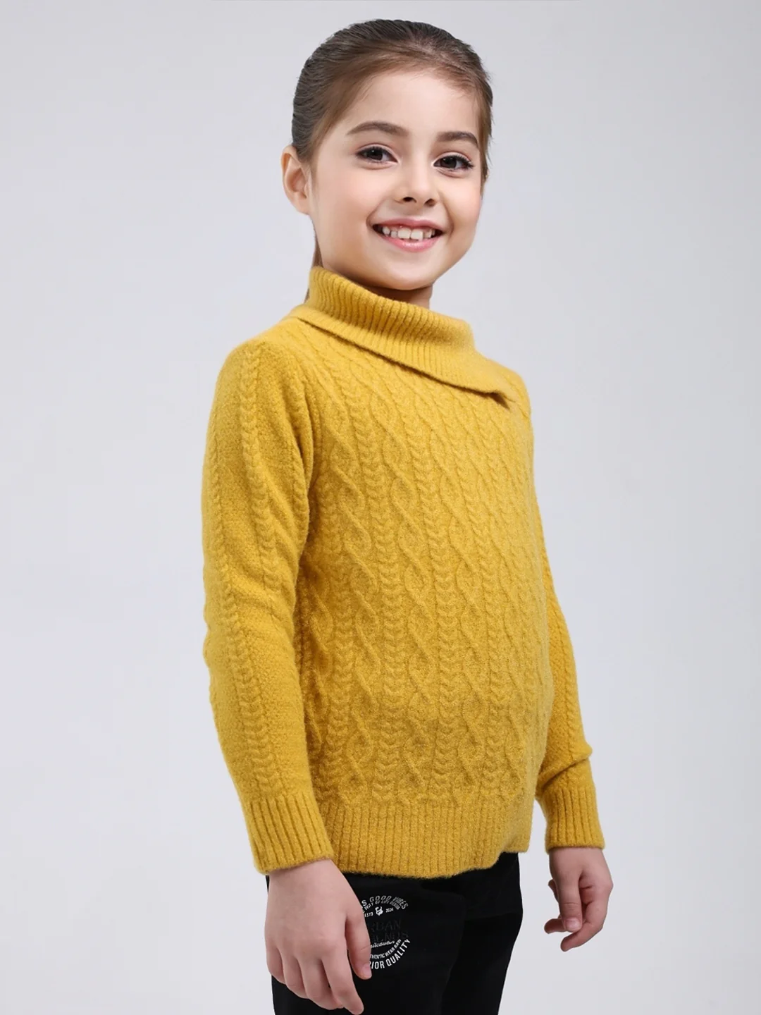 Girls Mustard Self Design Round Neck Full Sleeve Pullover - Image 4