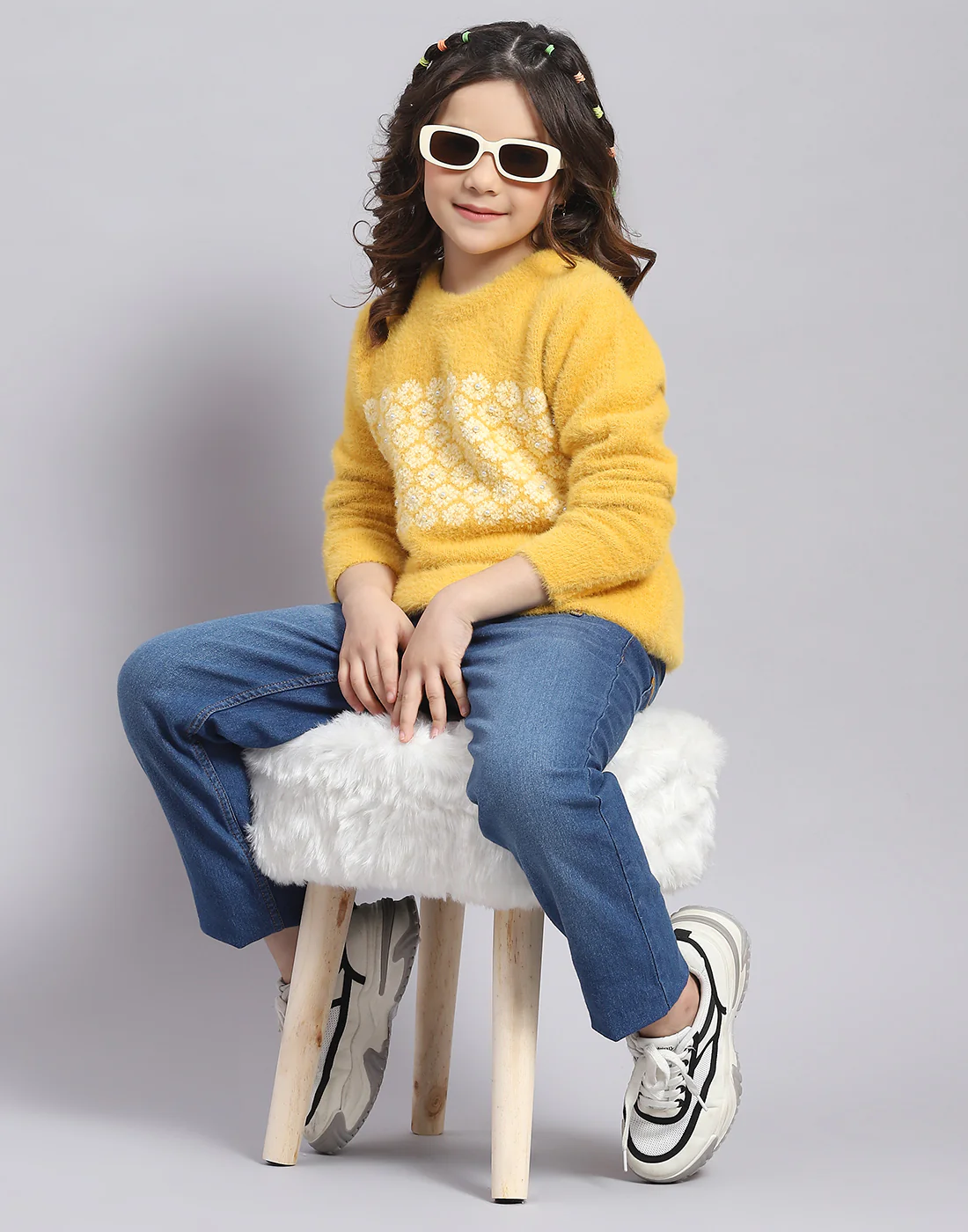 Girls Mustard Self Design Round Neck Full Sleeve Sweater - Image 2