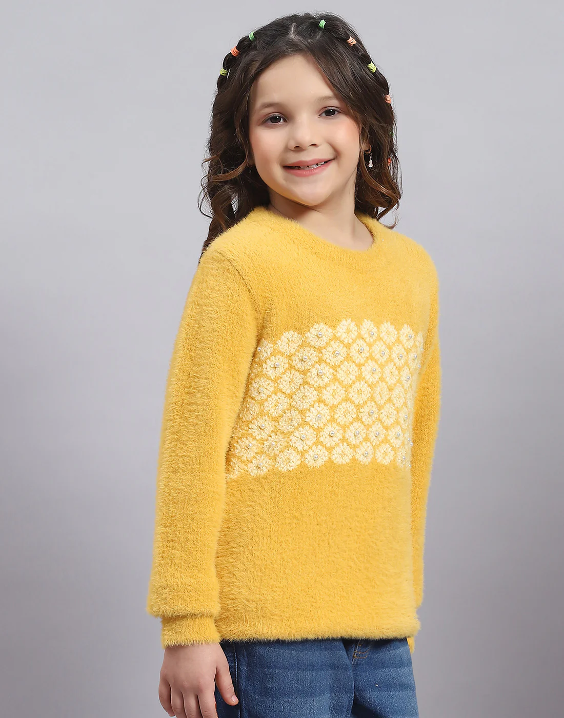 Girls Mustard Self Design Round Neck Full Sleeve Sweater - Image 5