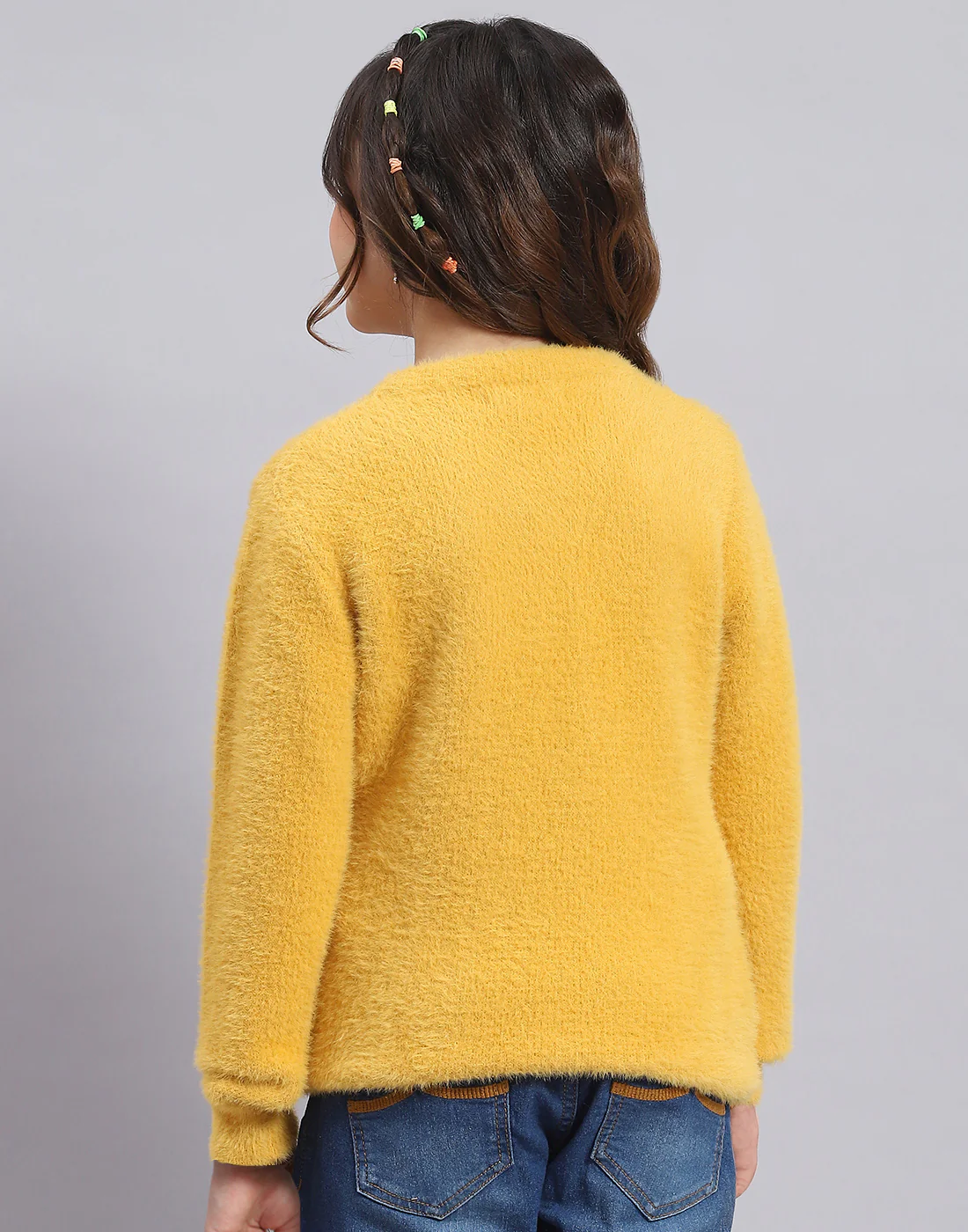 Girls Mustard Self Design Round Neck Full Sleeve Sweater - Image 6