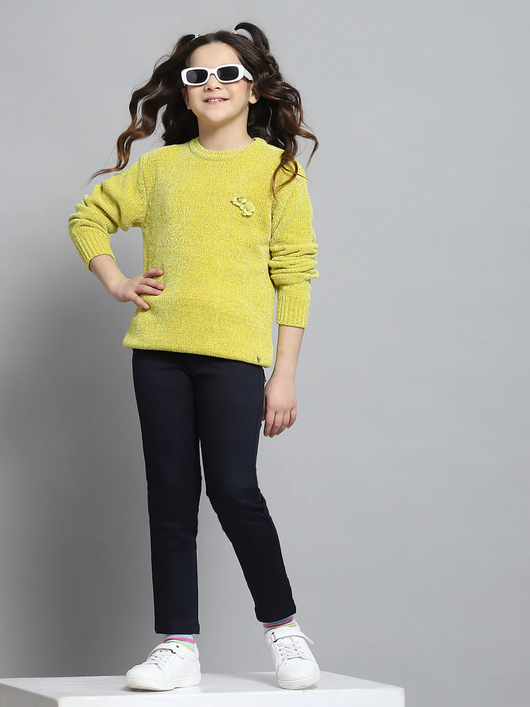 Girls Mustard Self Design Round Neck Full Sleeve Winter Top - Image 2