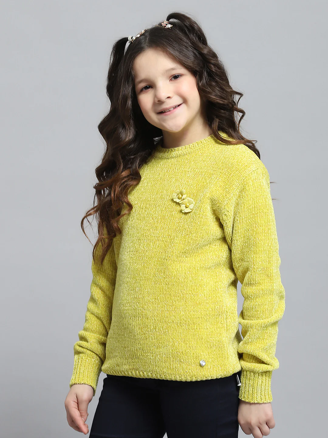 Girls Mustard Self Design Round Neck Full Sleeve Winter Top - Image 3