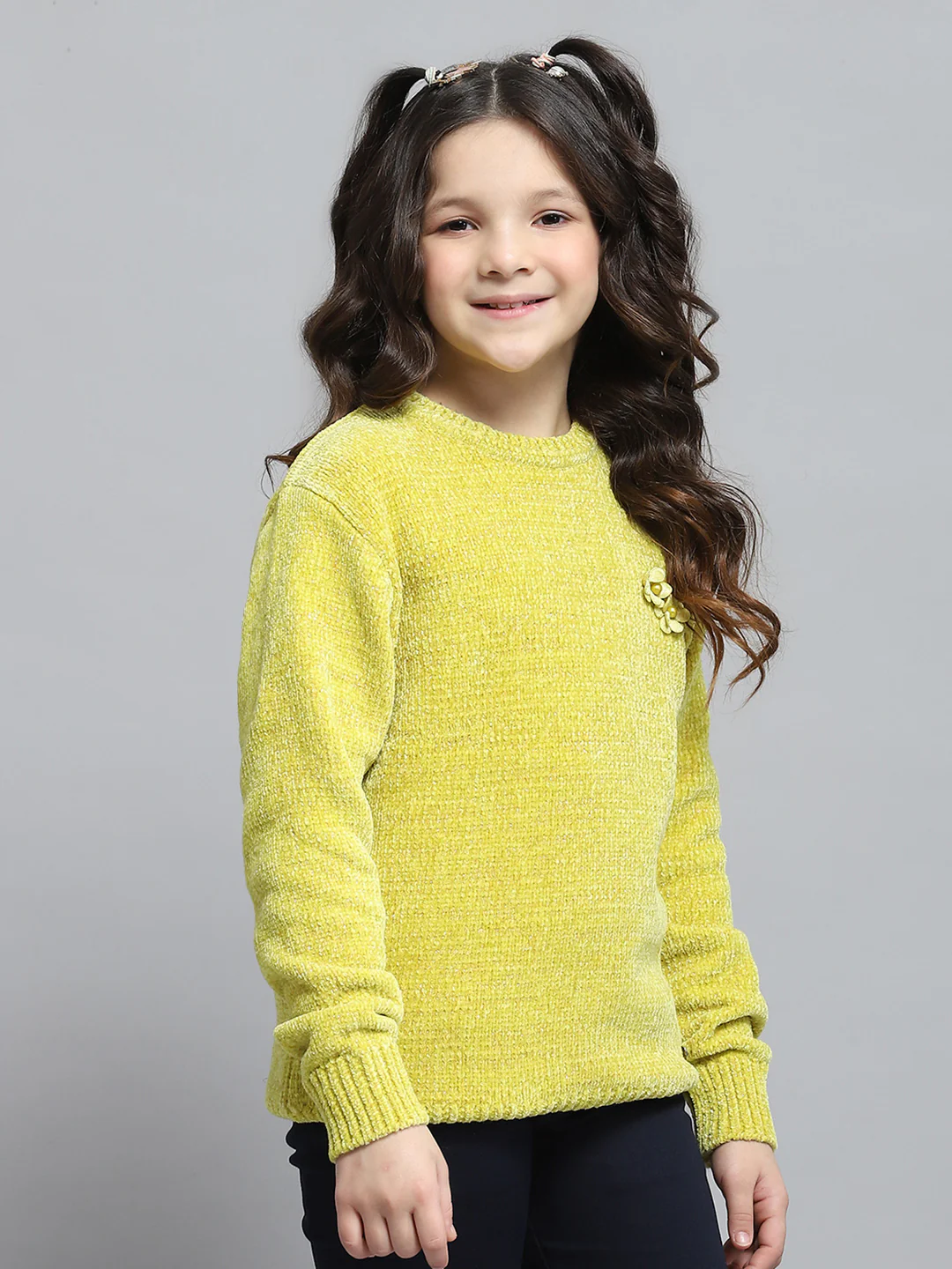 Girls Mustard Self Design Round Neck Full Sleeve Winter Top - Image 4