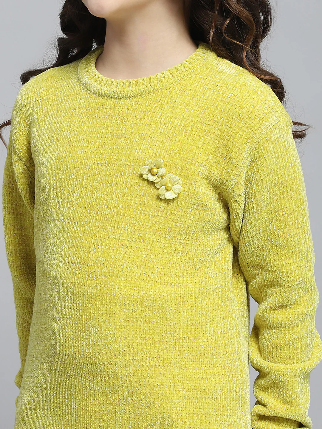 Girls Mustard Self Design Round Neck Full Sleeve Winter Top - Image 6