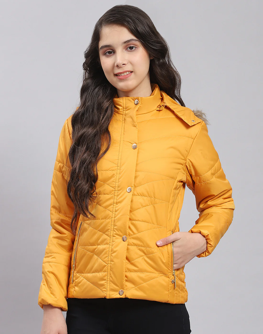 Girls Mustard Solid Hooded Full Sleeve Girls Jacket - Image 3