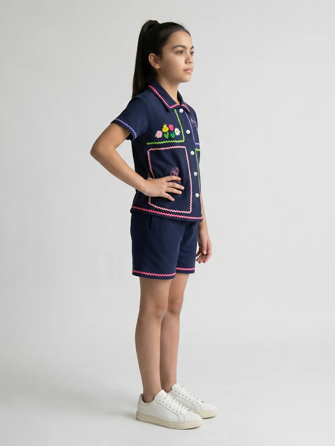 Girls Navy Blue Embroidered Round Neck Half Sleeve Cords Set - Image 2