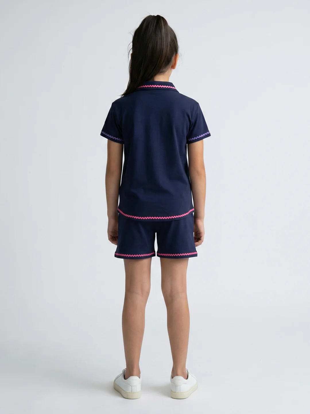 Girls Navy Blue Embroidered Round Neck Half Sleeve Cords Set - Image 4
