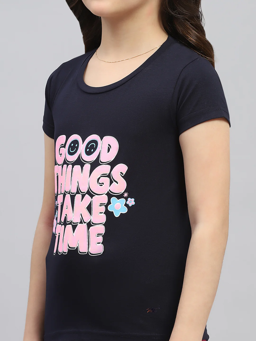 Girls Navy Blue & Pink Printed Round Neck Half Sleeve Top 2Pc Set - Image 10