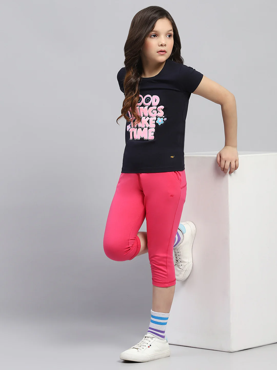 Girls Navy Blue & Pink Printed Round Neck Half Sleeve Top 2Pc Set - Image 2