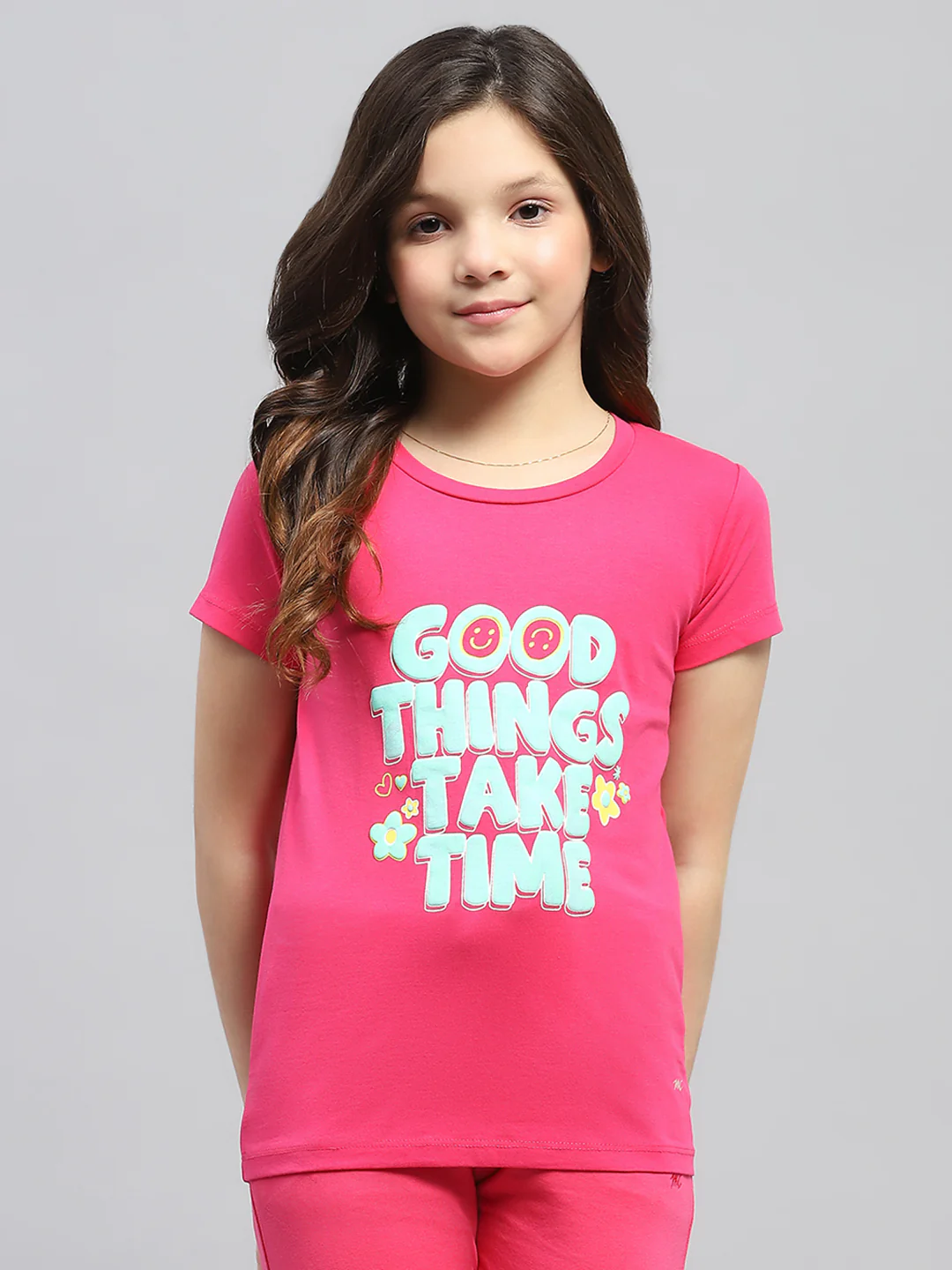 Girls Navy Blue & Pink Printed Round Neck Half Sleeve Top 2Pc Set - Image 7