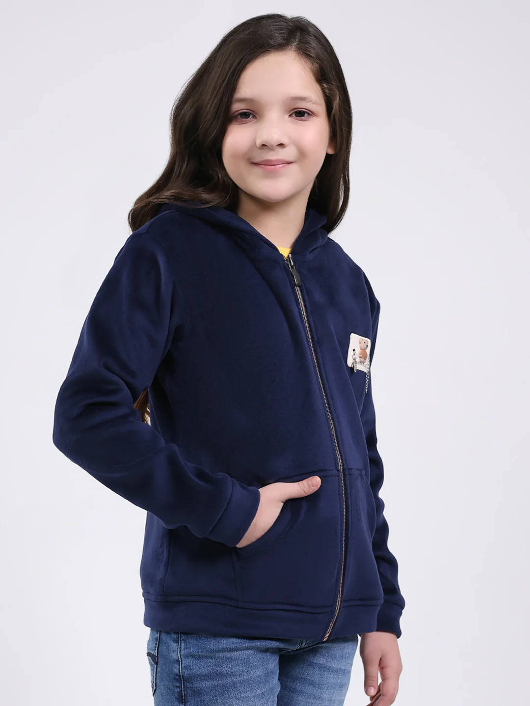 Girls Navy Blue Printed Hooded Full Sleeve Sweatshirt - Image 4