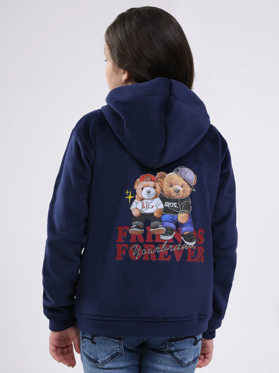 Girls Navy Blue Printed Hooded Full Sleeve Sweatshirt - Image 5