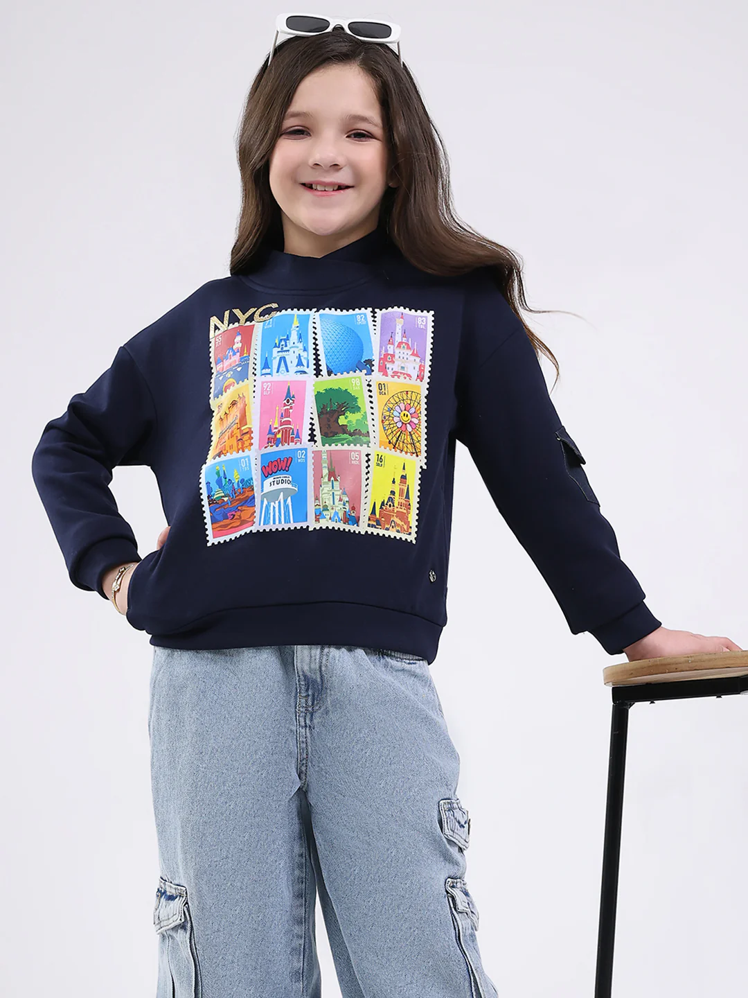 Girls Navy Blue Printed Mock Neck Full Sleeve Sweatshirt - Image 6