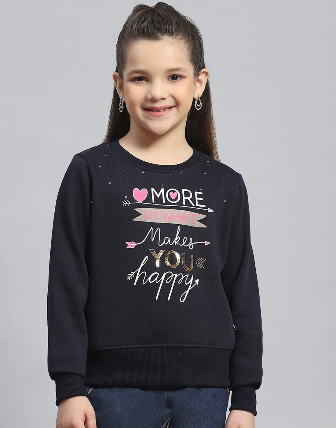 Girls Navy Blue Printed Round Neck Full Sleeve Sweatshirt - Image 2
