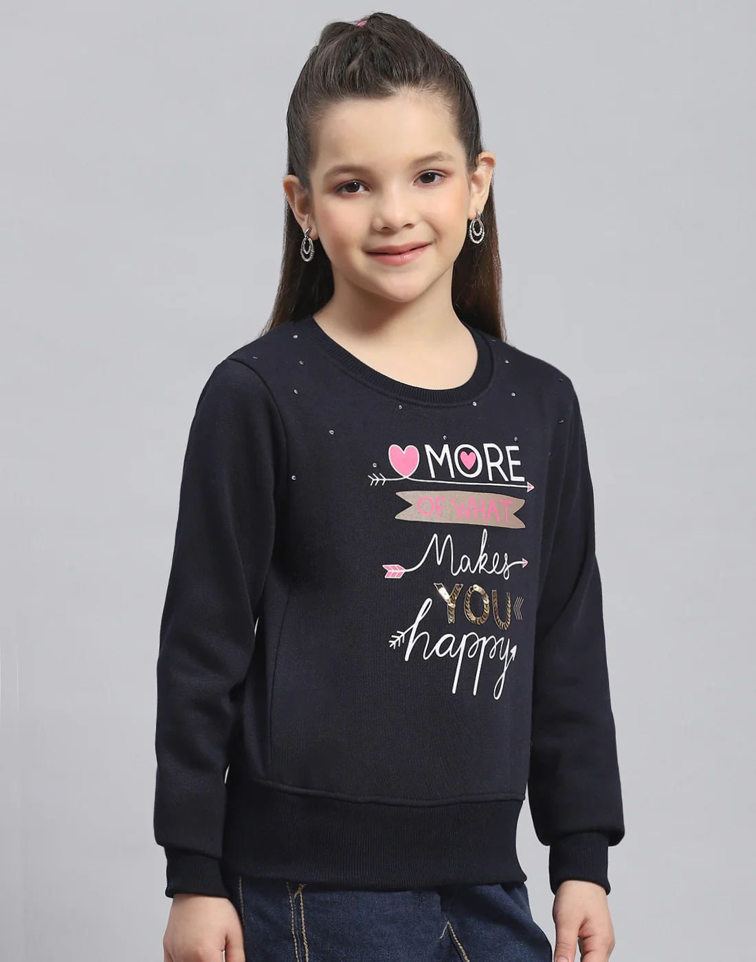 Girls Navy Blue Printed Round Neck Full Sleeve Sweatshirt - Image 4