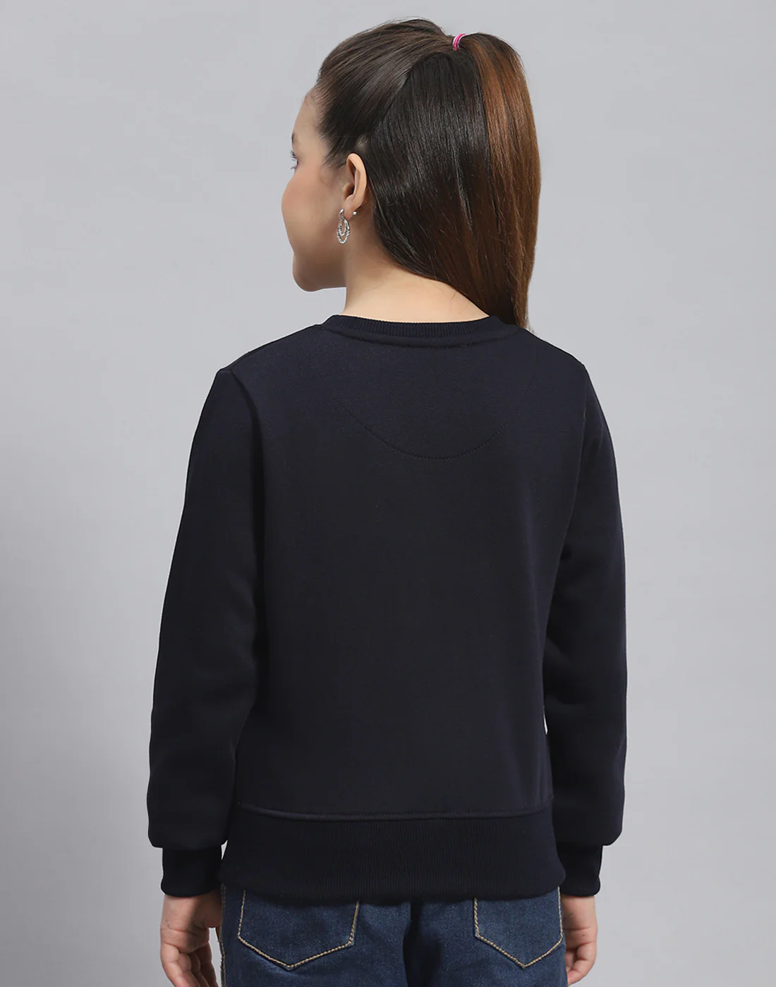 Girls Navy Blue Printed Round Neck Full Sleeve Sweatshirt - Image 5