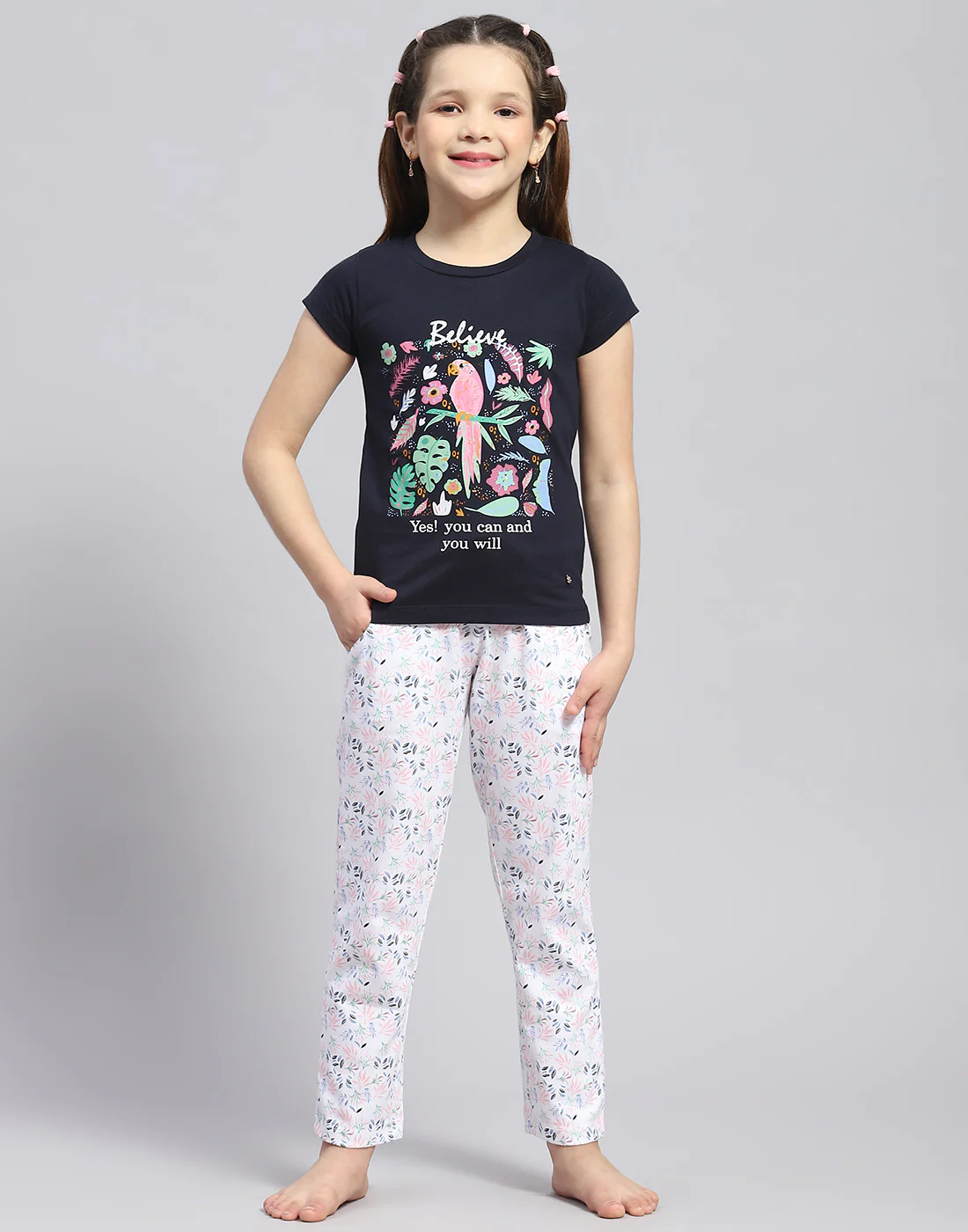 Girls Navy Blue Printed Round Neck Half Sleeve Lower Set - Image 2