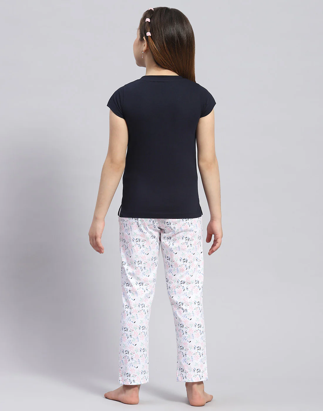 Girls Navy Blue Printed Round Neck Half Sleeve Lower Set - Image 5