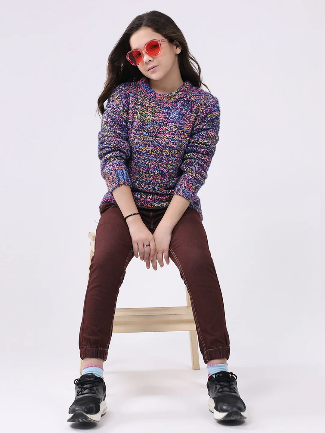 Girls Navy Blue & Purple Self Design Round Neck Full Sleeve Pullover - Image 2